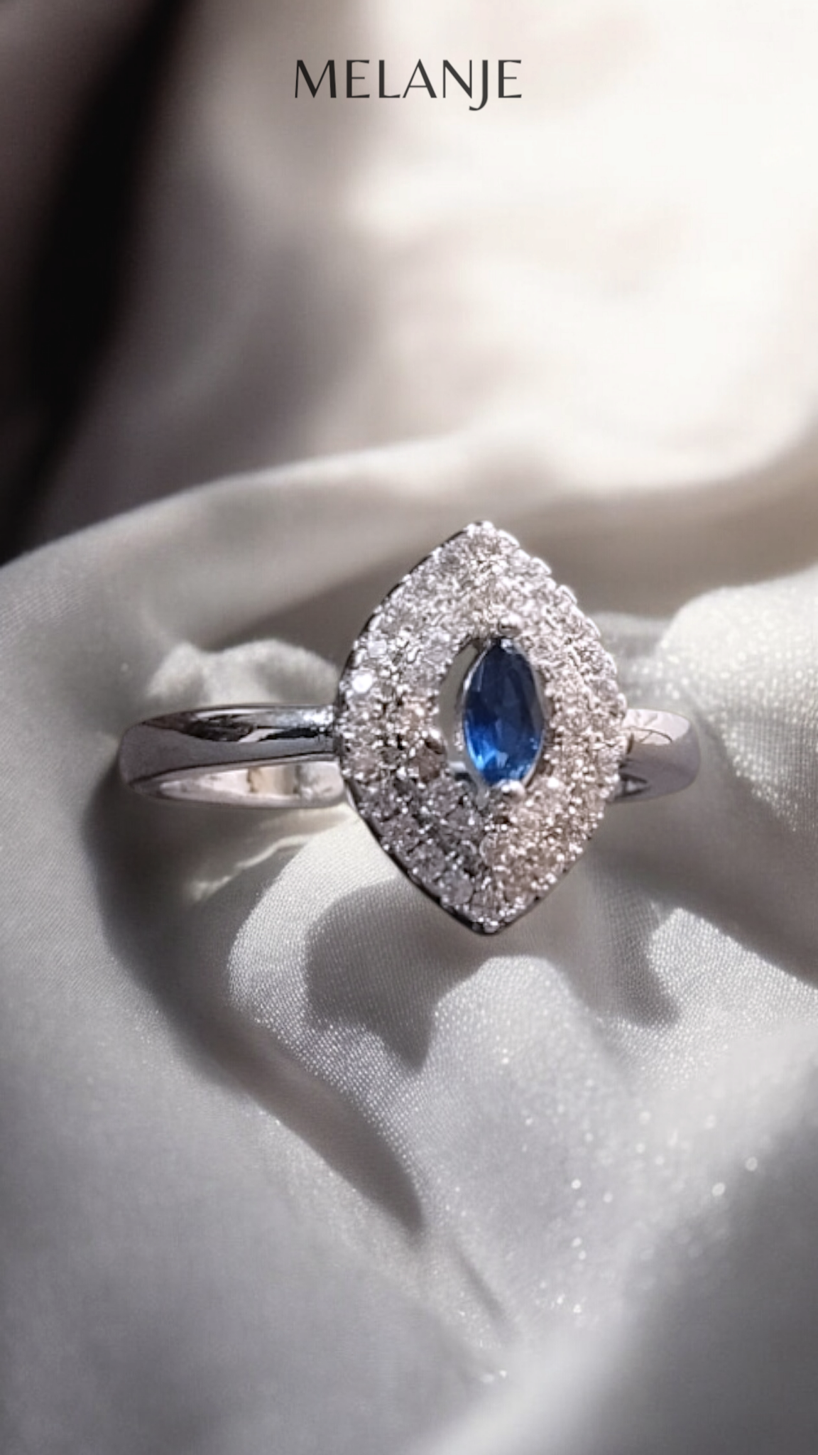 Sterling Silver Deep Blue Marquise Cut Solitaire Crystal Halo Cubic Zirconia Adjustable Ring