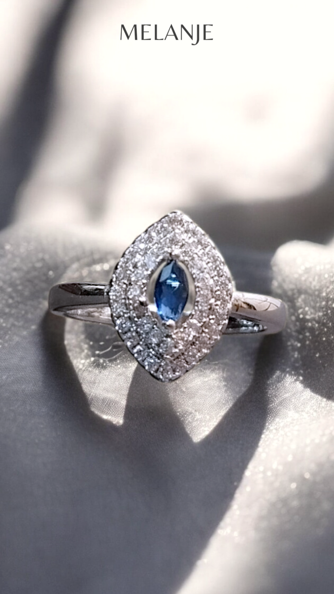 Sterling Silver Deep Blue Marquise Cut Solitaire Crystal Halo Cubic Zirconia Adjustable Ring