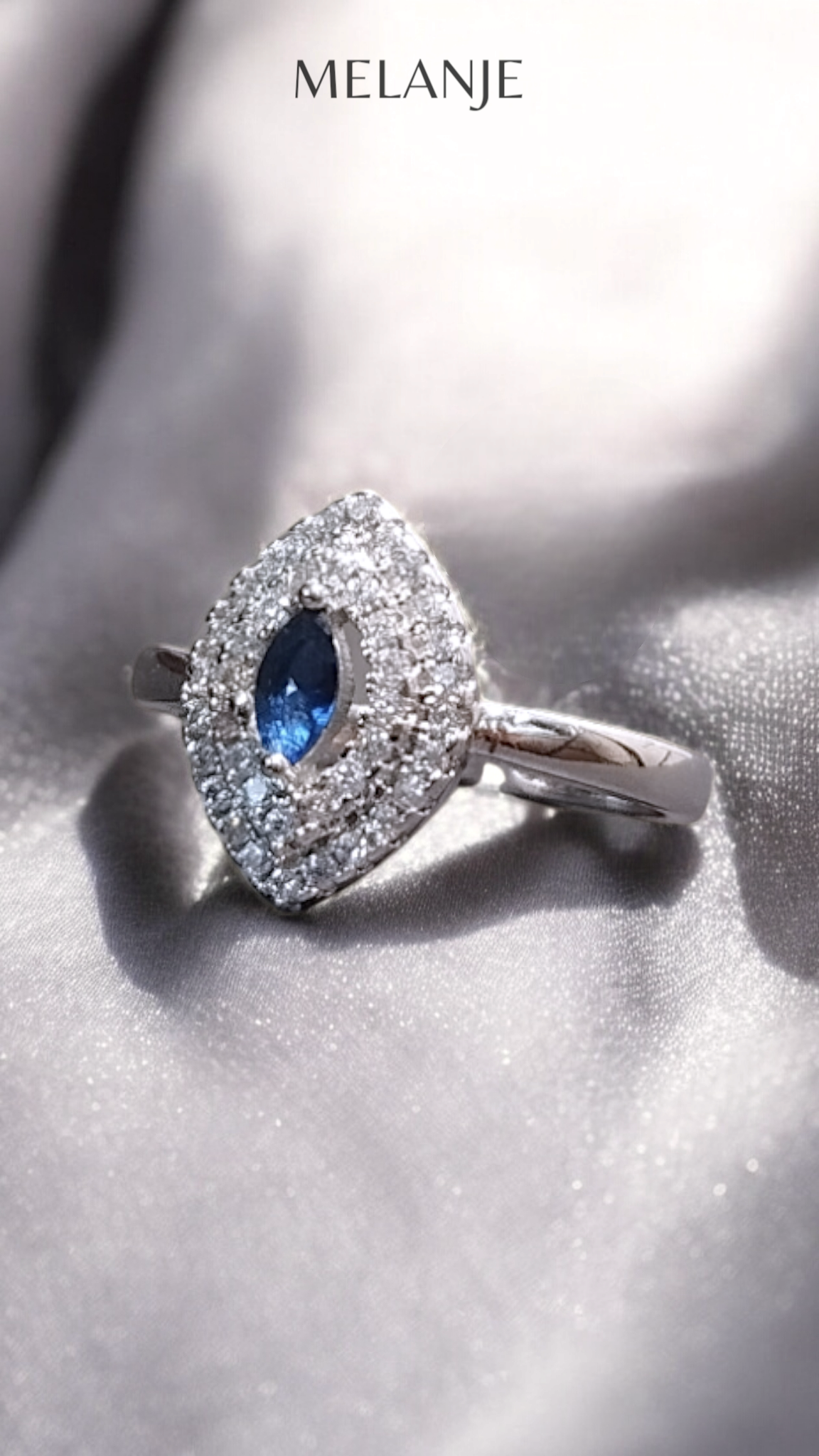 Sterling Silver Deep Blue Marquise Cut Solitaire Crystal Halo Cubic Zirconia Adjustable Ring