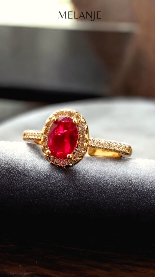 Ruby Red Oval Solitaire Crystal White Cubic Zirconia Halo Adjustable Gold Ring
