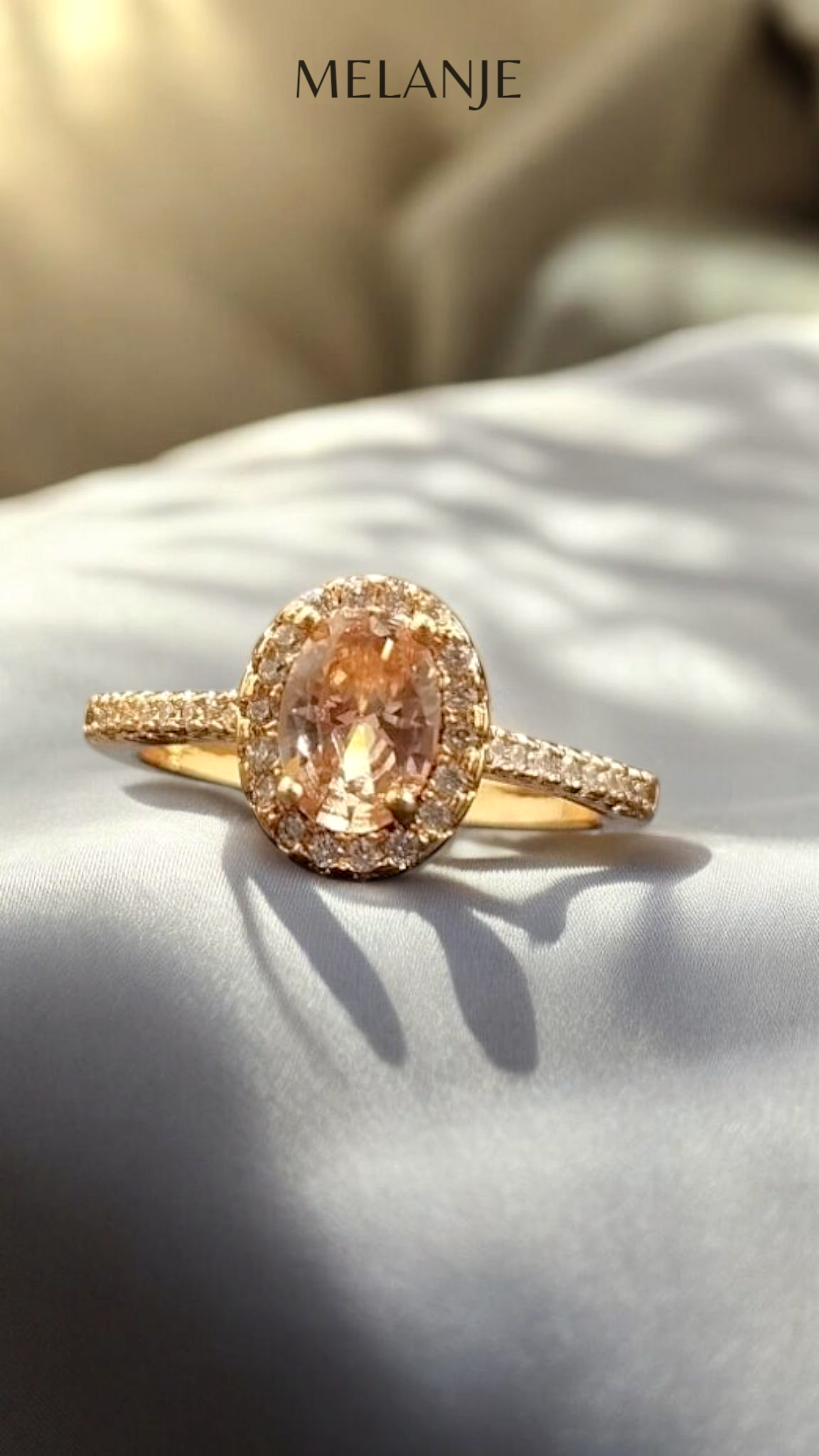 Oval Champagne Solitaire Crystal White Cubic Zirconia Halo Gold Ring- Adjustable & Waterproof