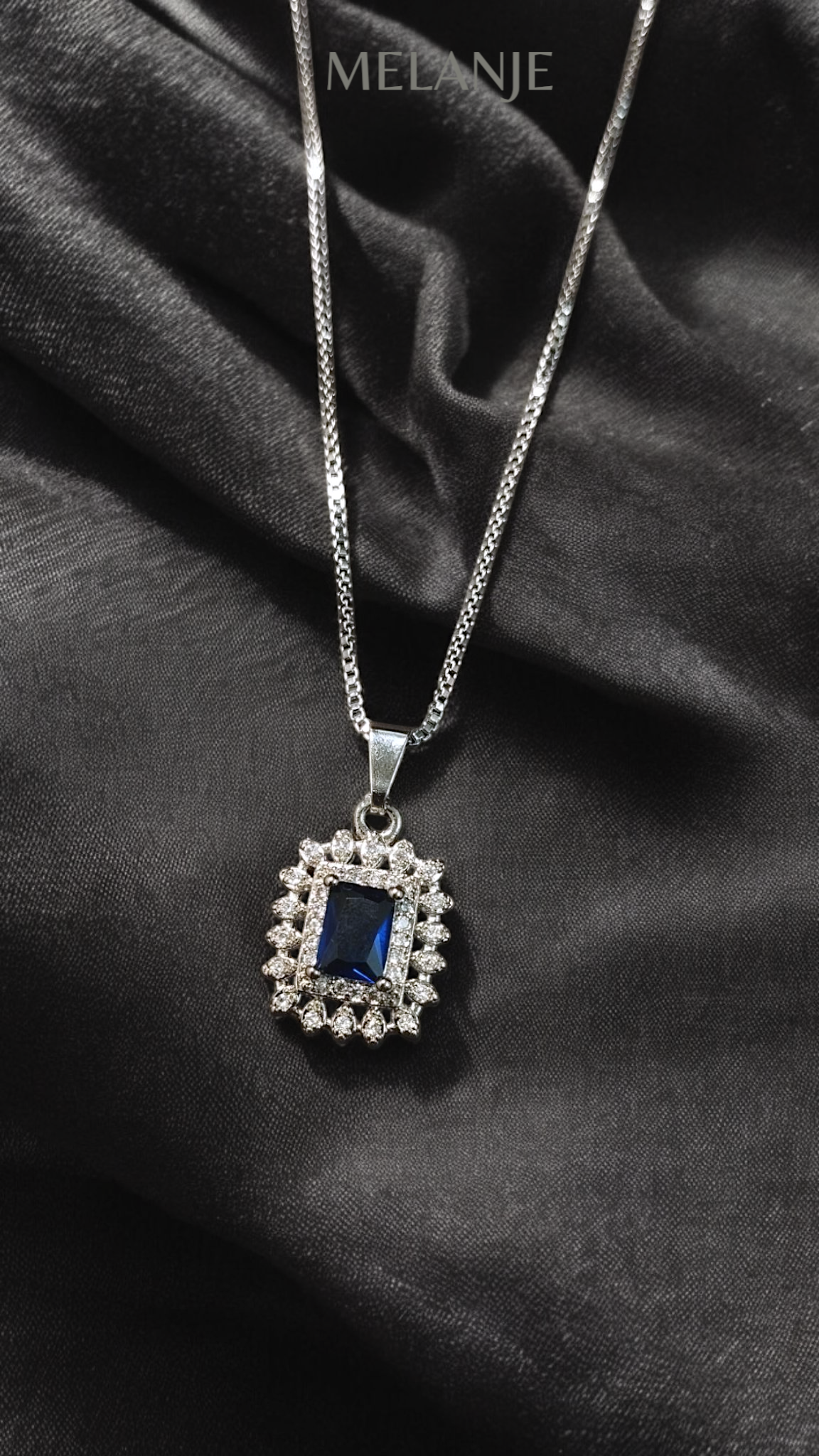Sapphire Blue Rectangular Crystal Cubic Zirconia Stainless Steel Halo Pendant Necklace