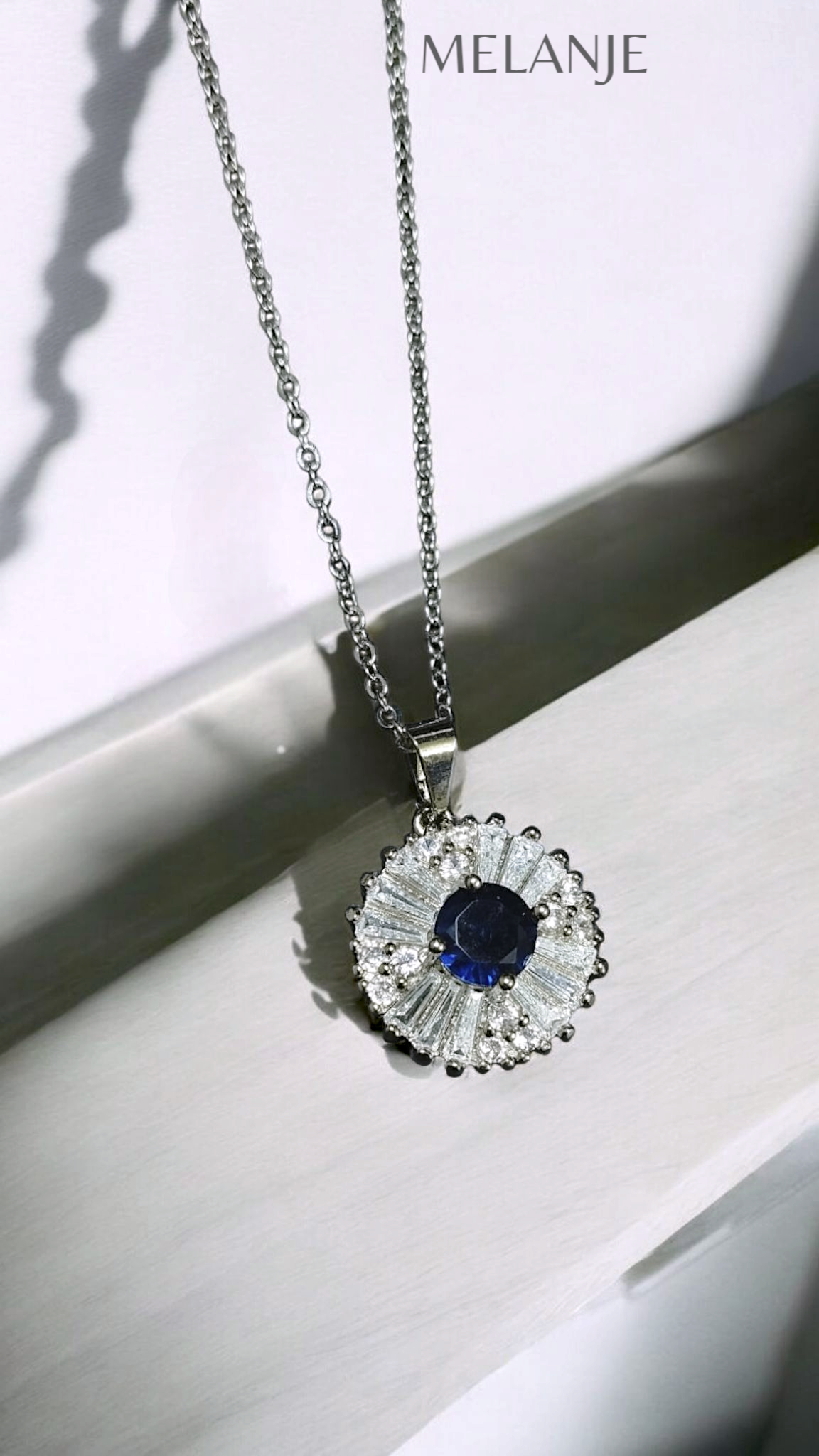 Sapphire Blue Round Solitaire Crystal Baguette & Round Cut Zirconia Pendant Necklace