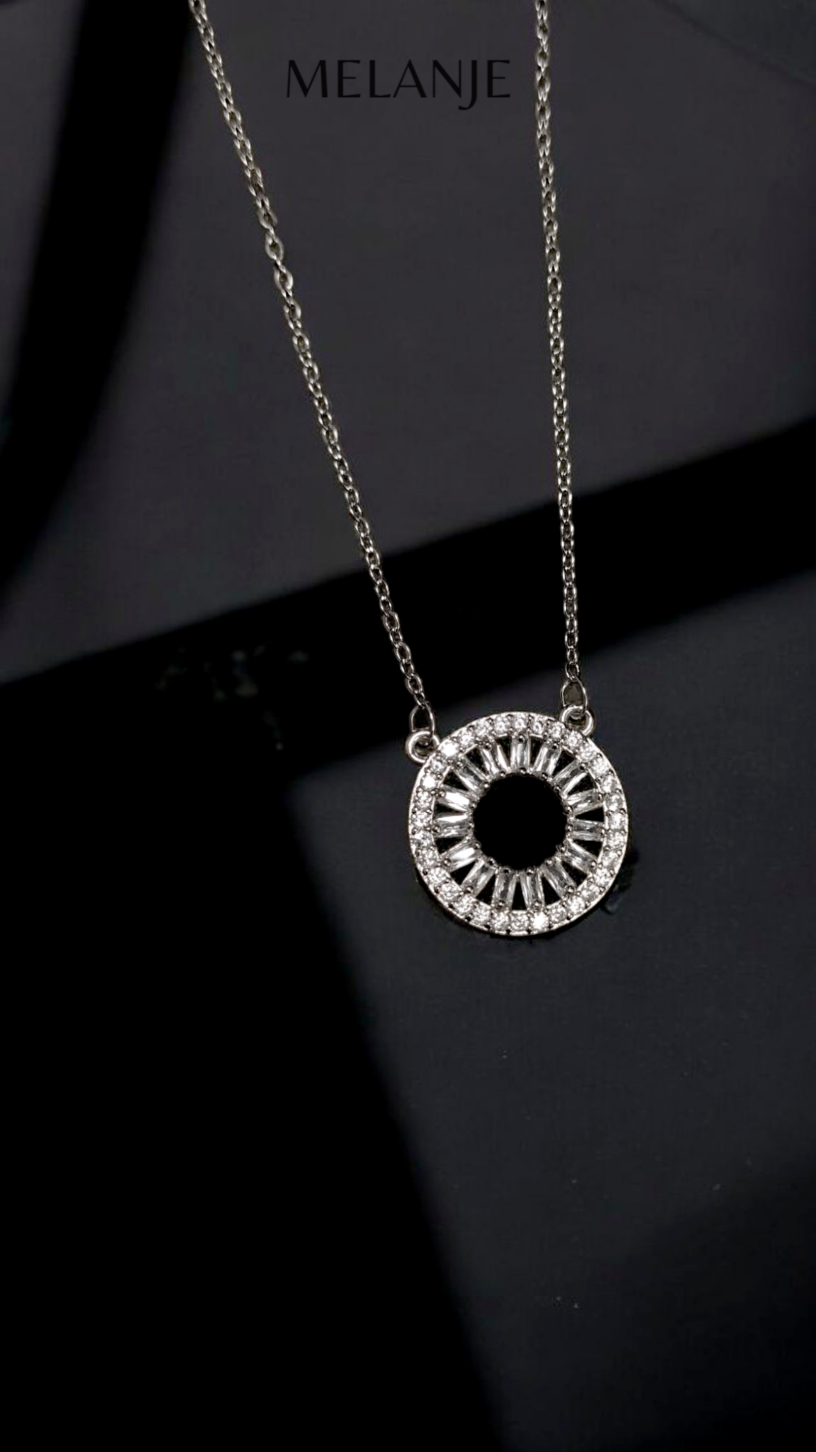 Sterling Silver Round & Baguette Cut Zircons Circular Hollow Pendant Necklace