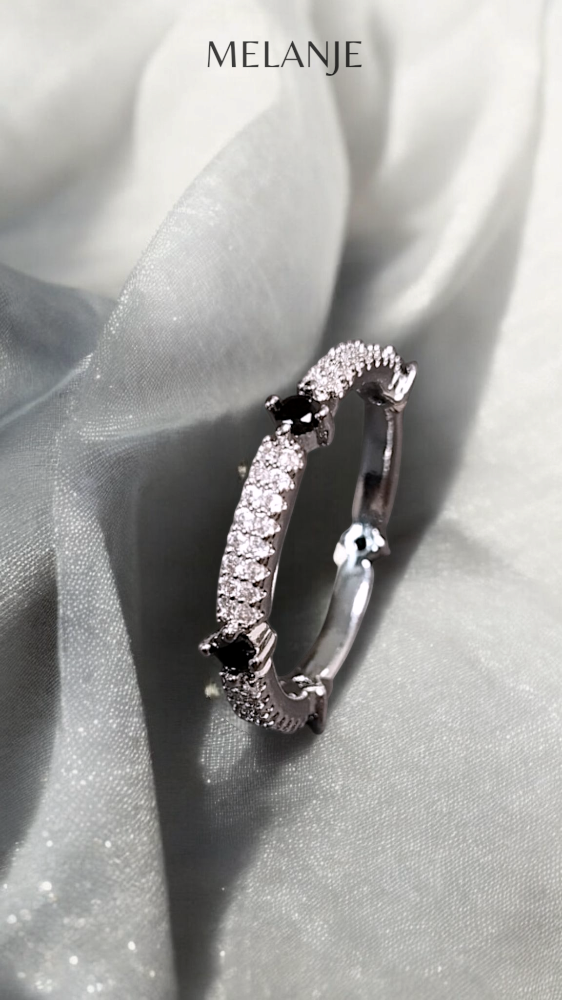 Round Black Zircons White Cubic Zirconia Double-Row Sterling Silver Princess Cut Eternity Band Ring