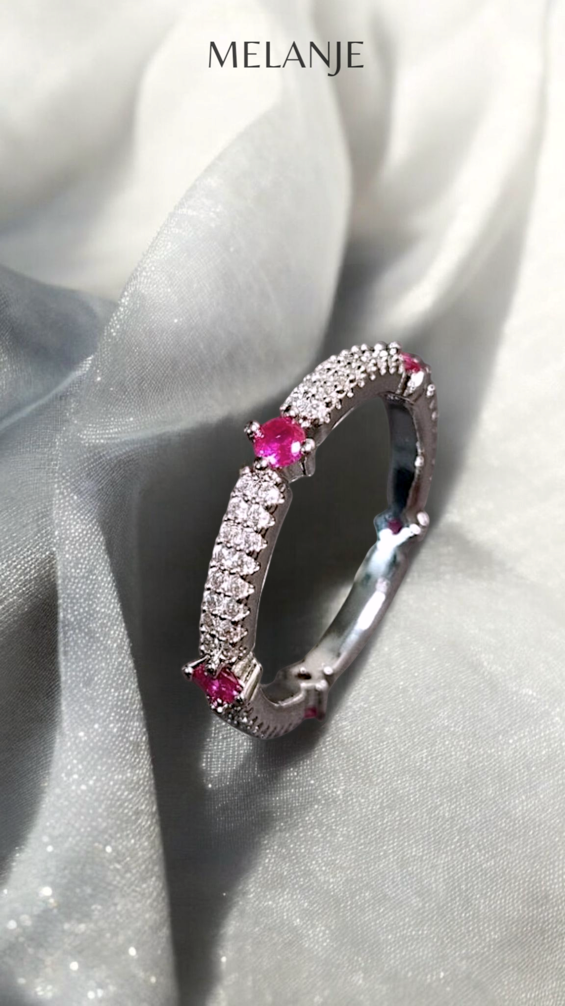 Round Ruby Zircons White Cubic Zirconia Double-Row Sterling Silver Princess Cut Eternity Band Ring