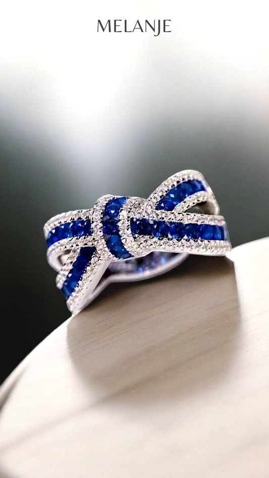 Sapphire Blue & Clear Zircons Sterling Silver Luxury Knot Ring