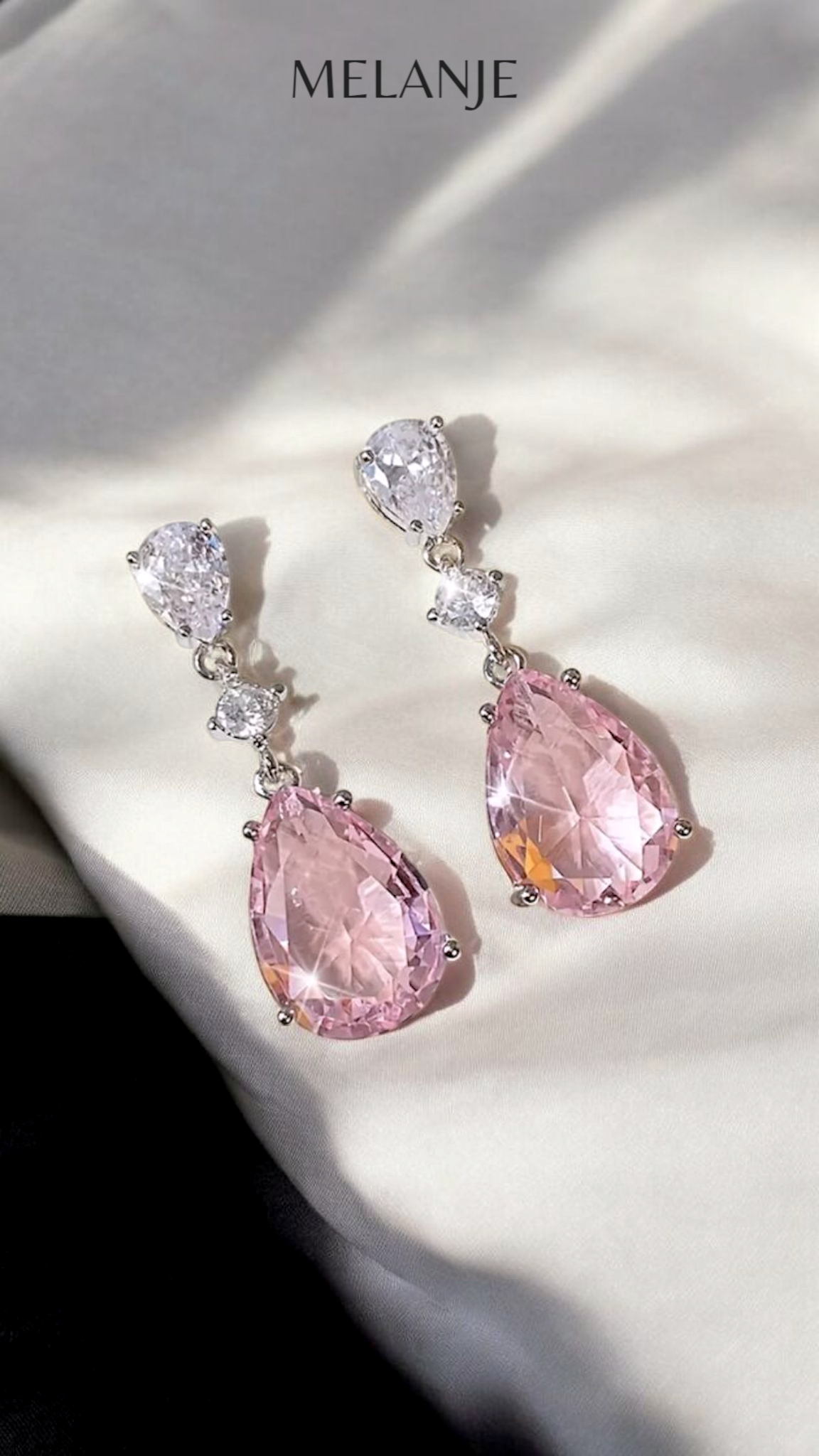 Sterling Silver Baby Pink Water Drop Dangling Crystal Luxury Earrings