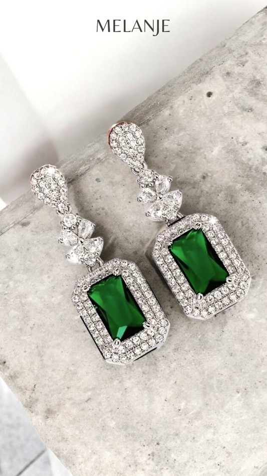 Sterling Silver Emerald Rectangular Crystal & Halo Cubic Zirconia Elegant Dangling Earrings