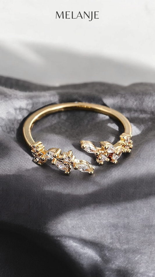 White Gold Marquise & Round Cut Cubic Zirconia Adjustable Bypass Leaf Ring