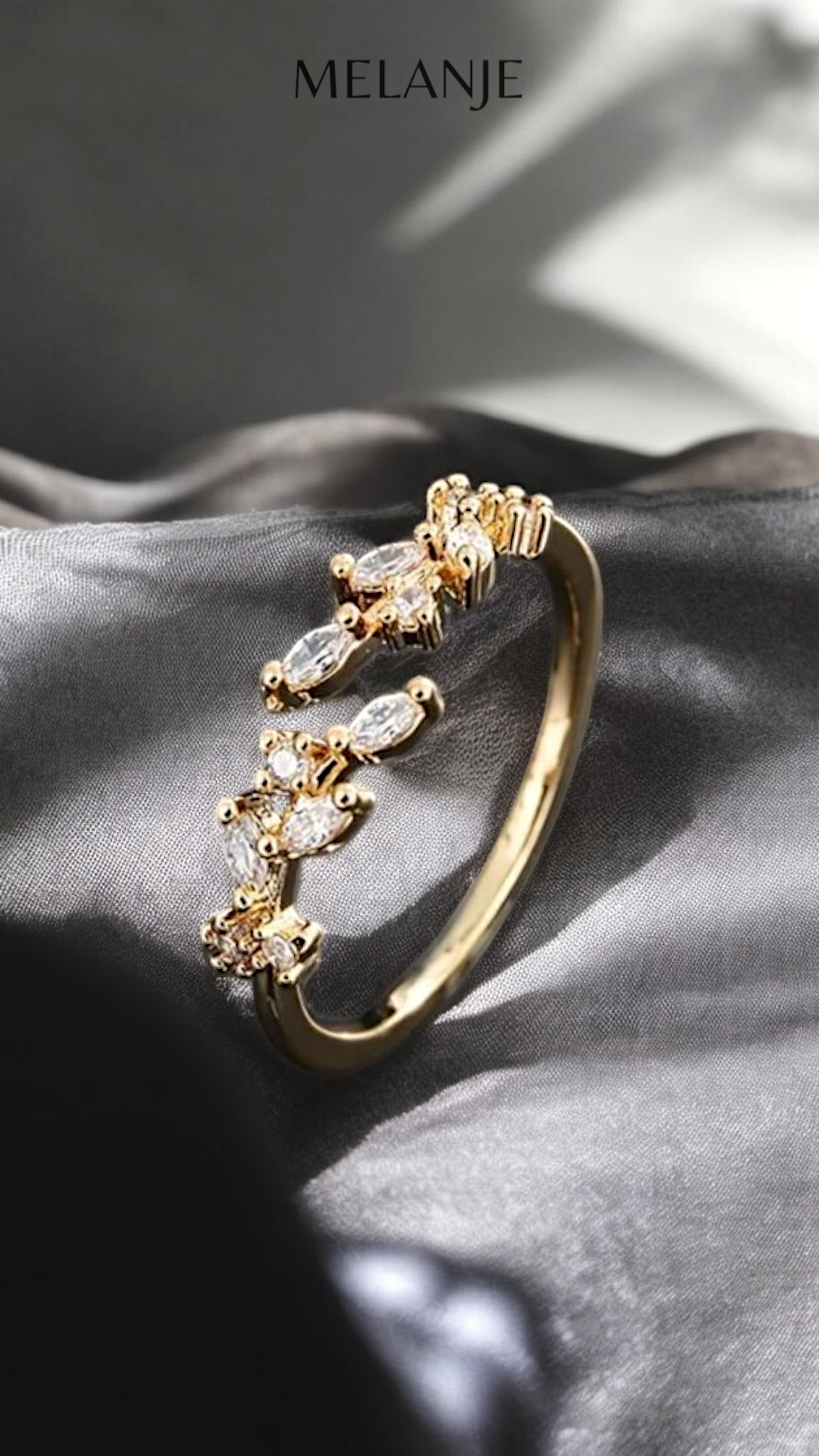White Gold Marquise & Round Cut Cubic Zirconia Adjustable Bypass Leaf Ring