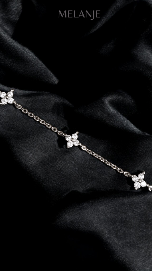 Stainless Steel Four Leaf Clover Cubic Zirconia Adjustable Station Bracelet