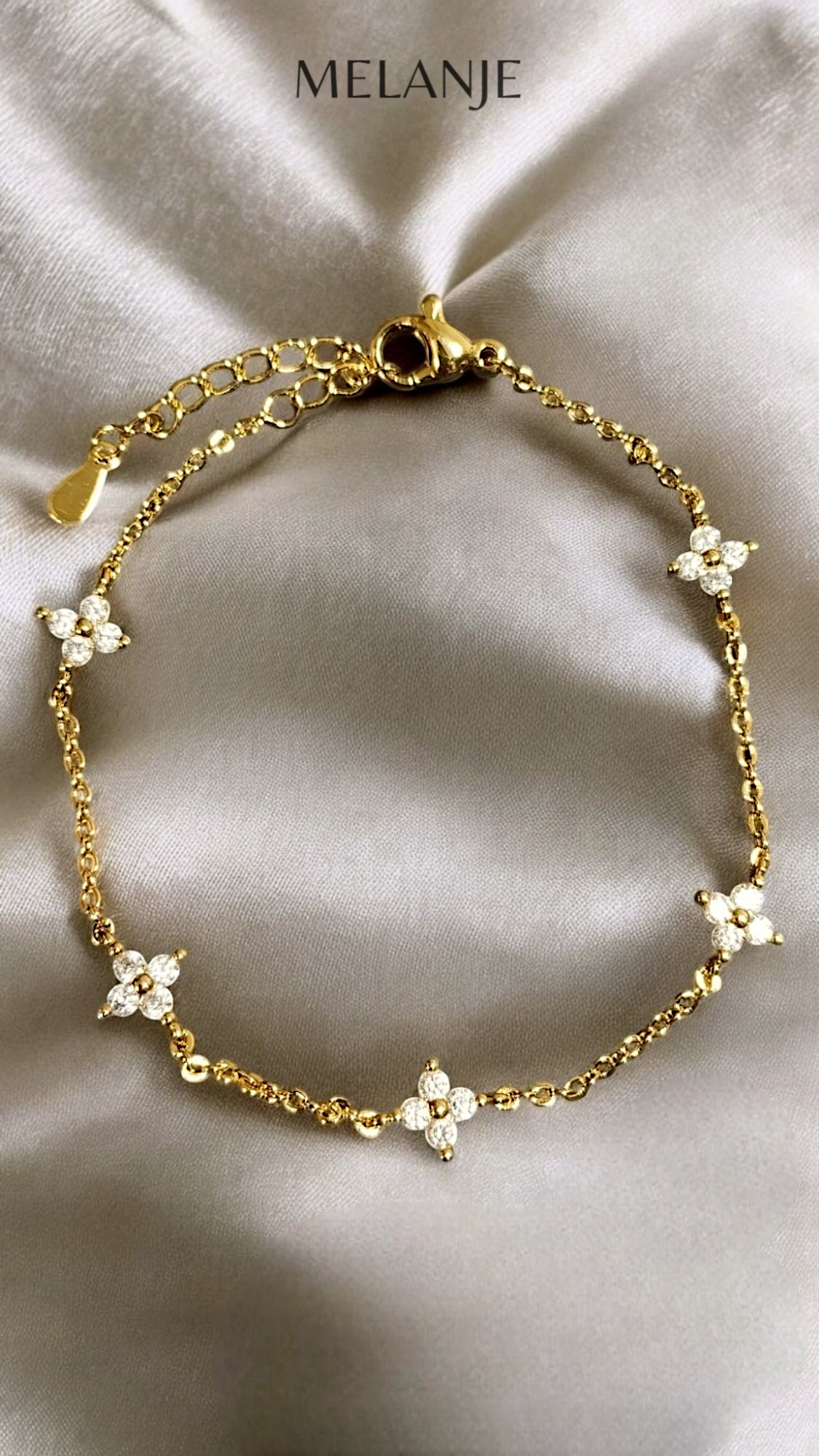 1K Gold Plated Stainless Steel Four Leaf Clover Cubic Zirconia Adjustable Station Bracelet