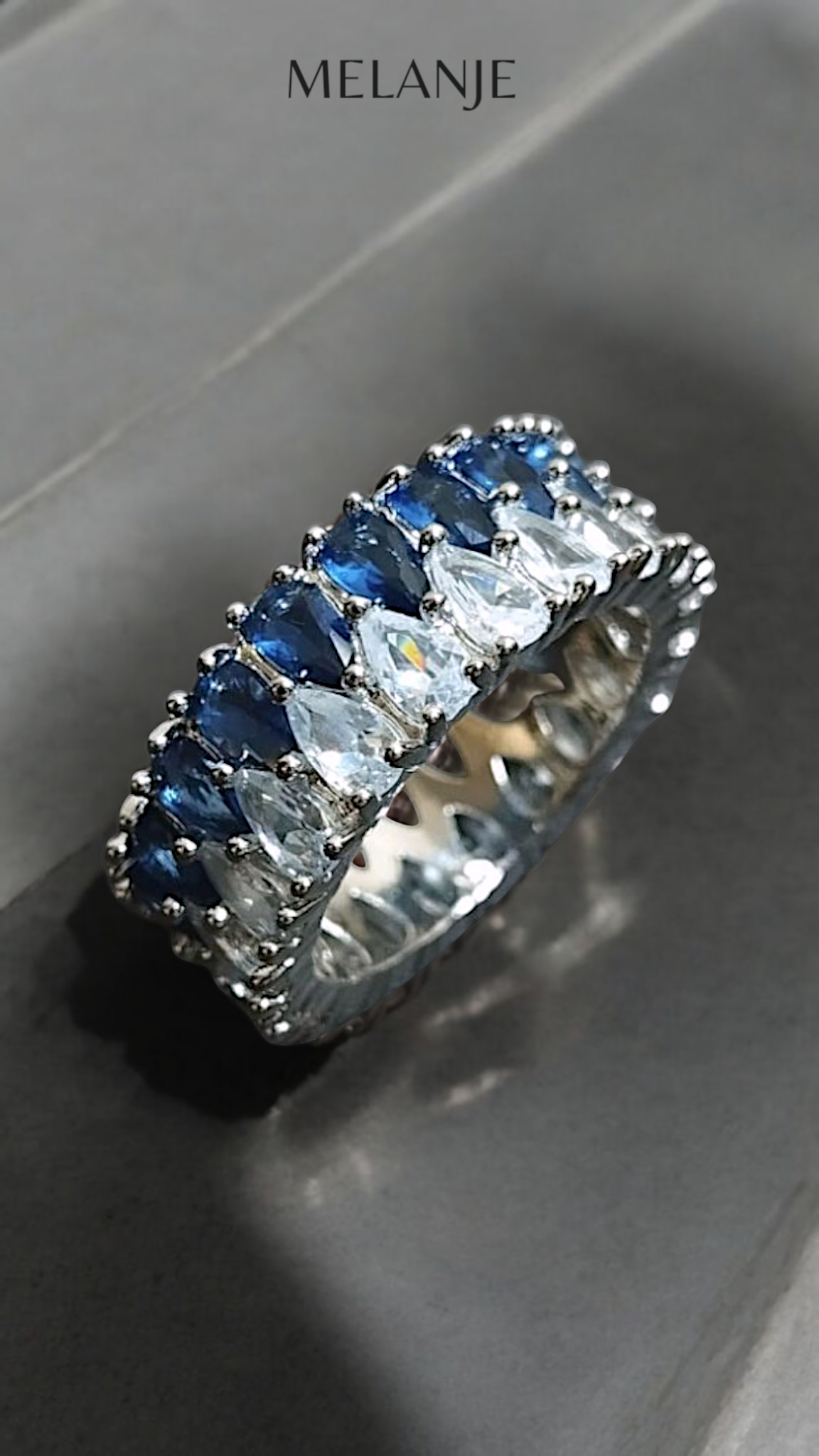 Deep Blue Pear Shaped Inlaid Zircons Double Row Wedding Band Ring