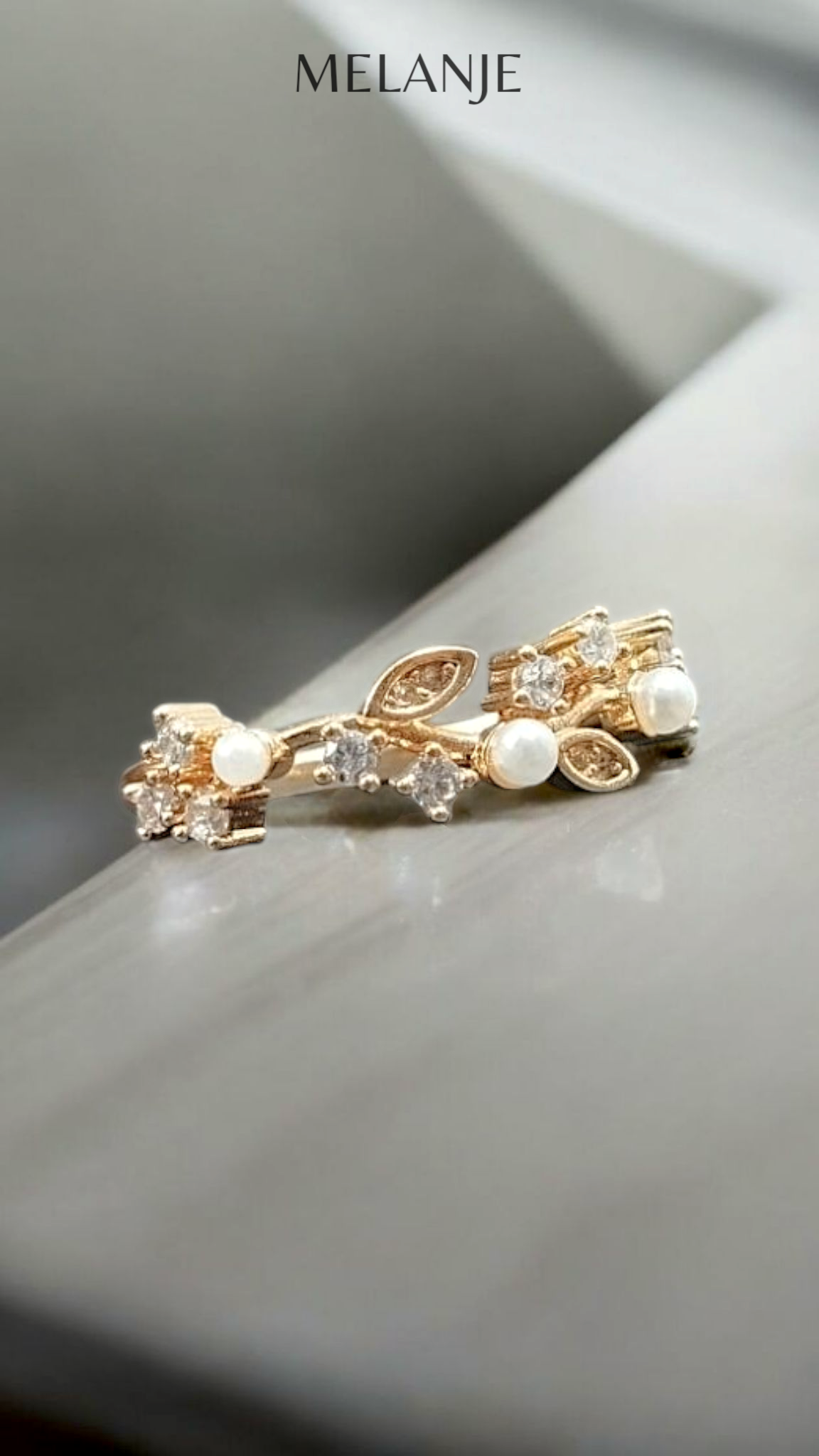 Gold Plated Round Cut Clear Cubic Zirconia Pearl Leaf Ring