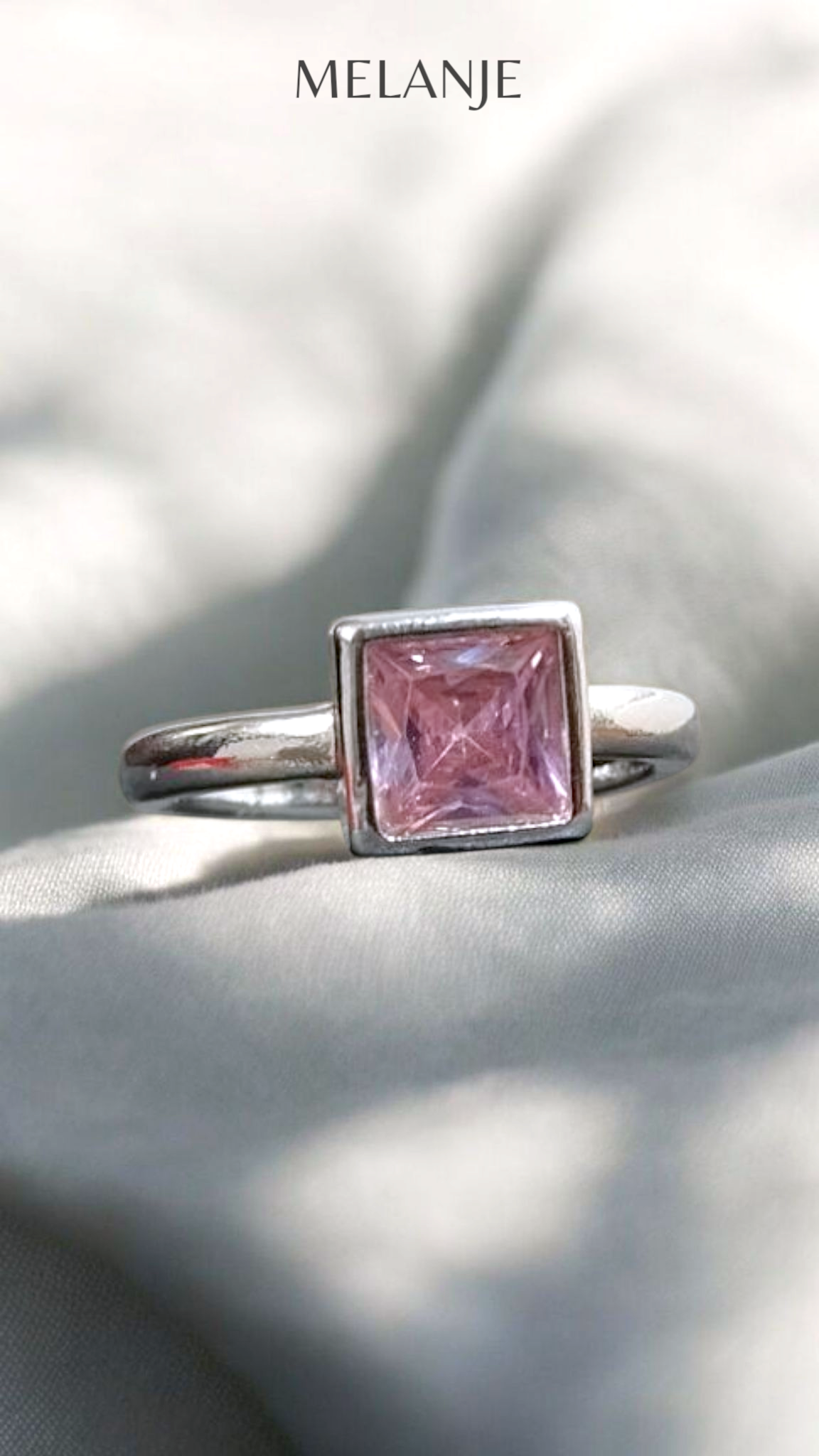 Light Pink Solitaire Square Crystal Sterling Silver Adjustable Statement Ring