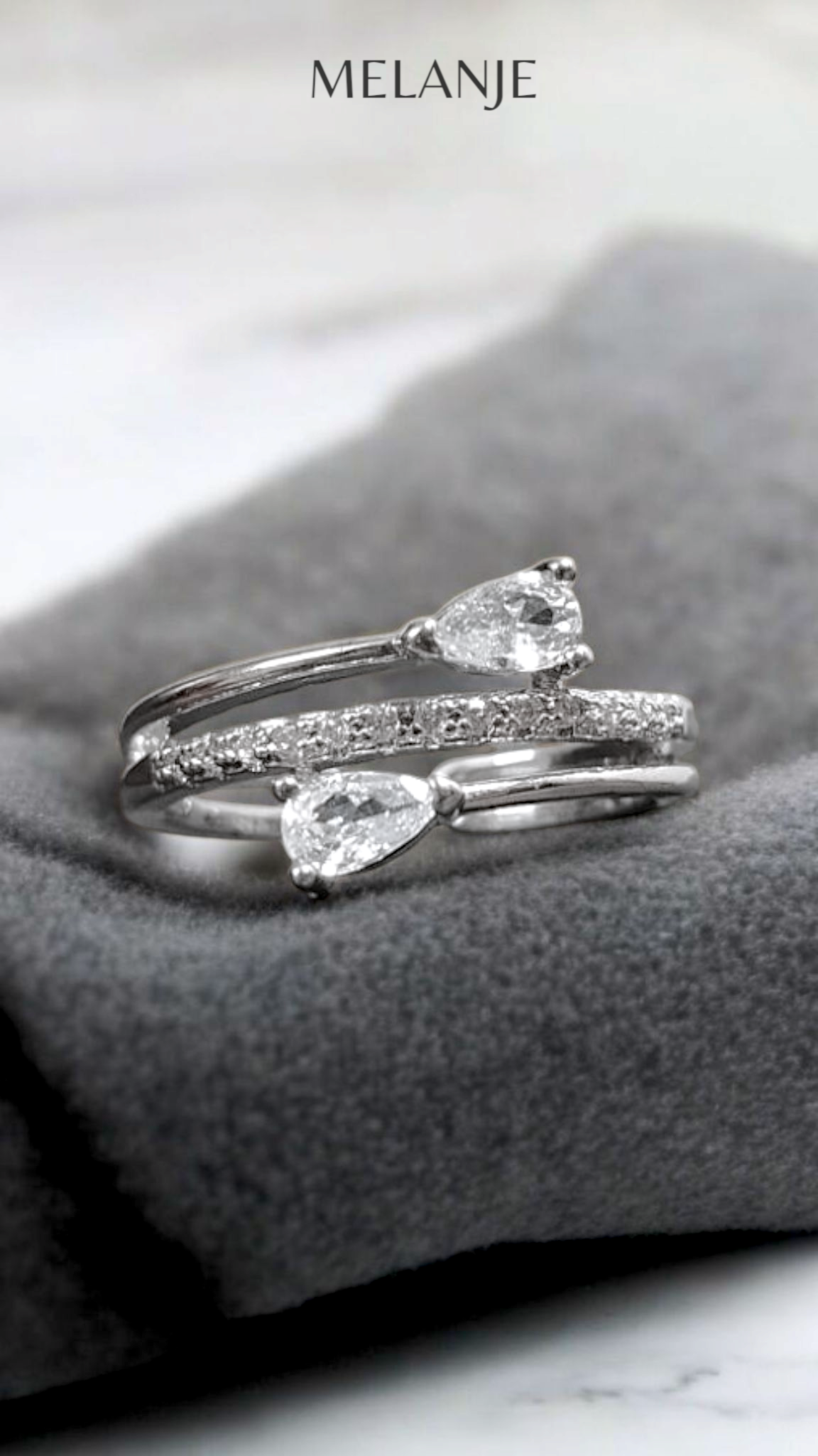 Sterling Silver Triple-Row Design Pear Shaped Bypass Cubic Zirconia Adjustable Ring