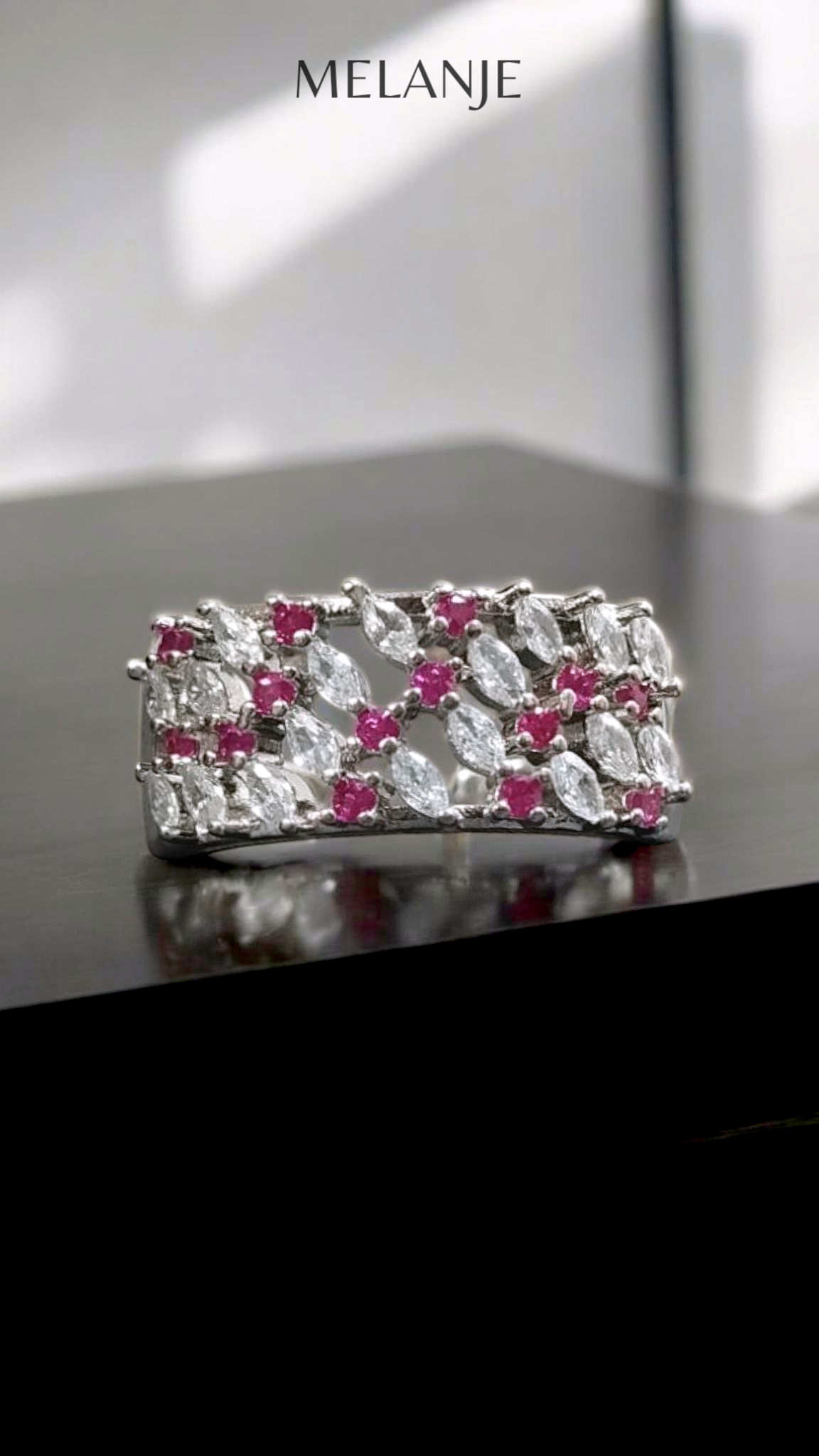 Deep Pink Round Cut & Clear Marquise Cut Cubic Zirconia Adjustable Inlaid Cluster Band Ring
