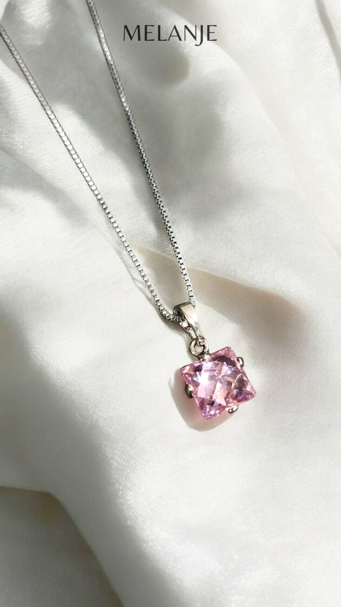 Sterling Silver Light Pink Square Crystal Princess Cut Pendant Necklace