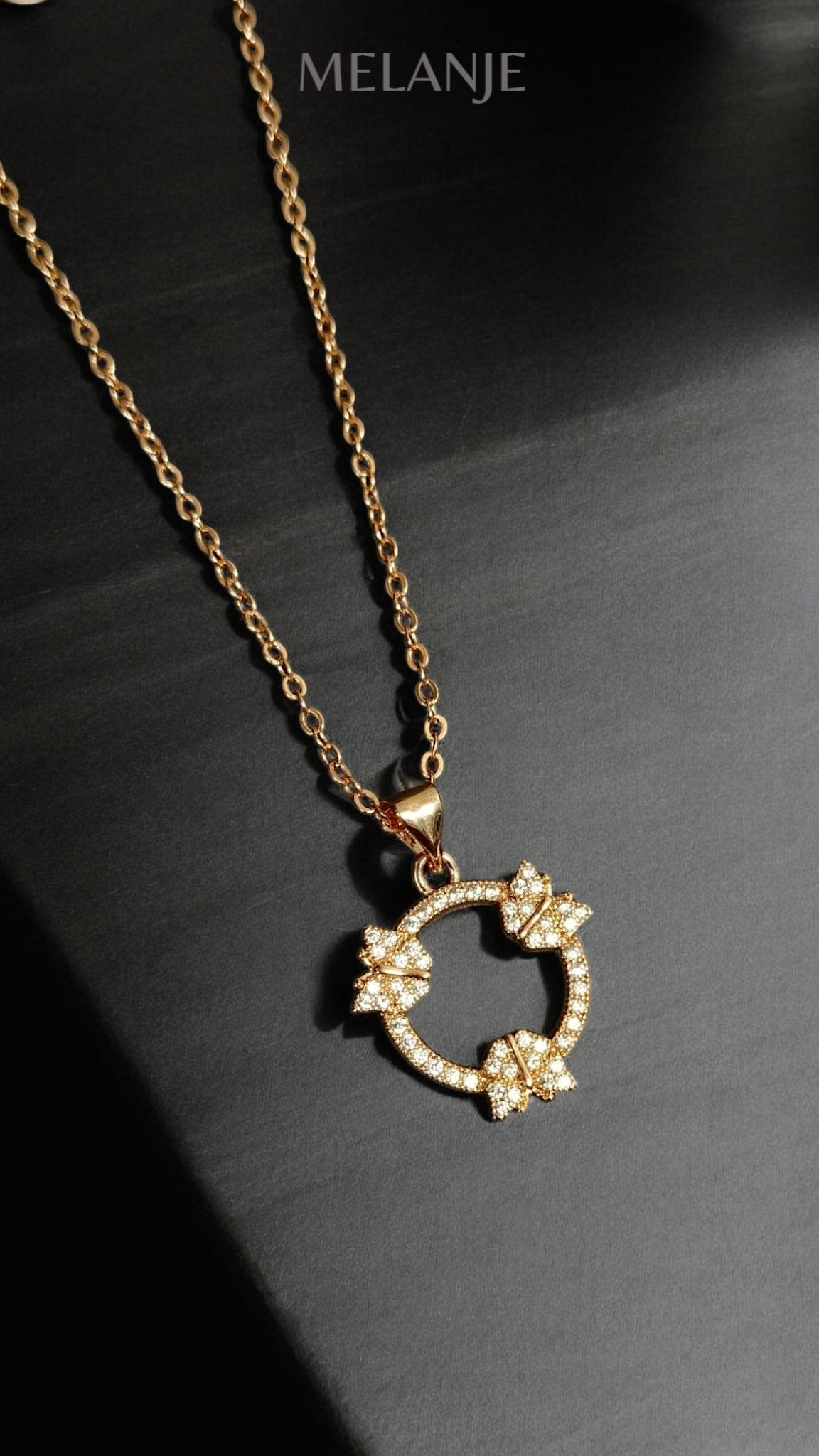 Stainless Steel Three Butterfly Cubic Zirconia Circle Pendant Necklace