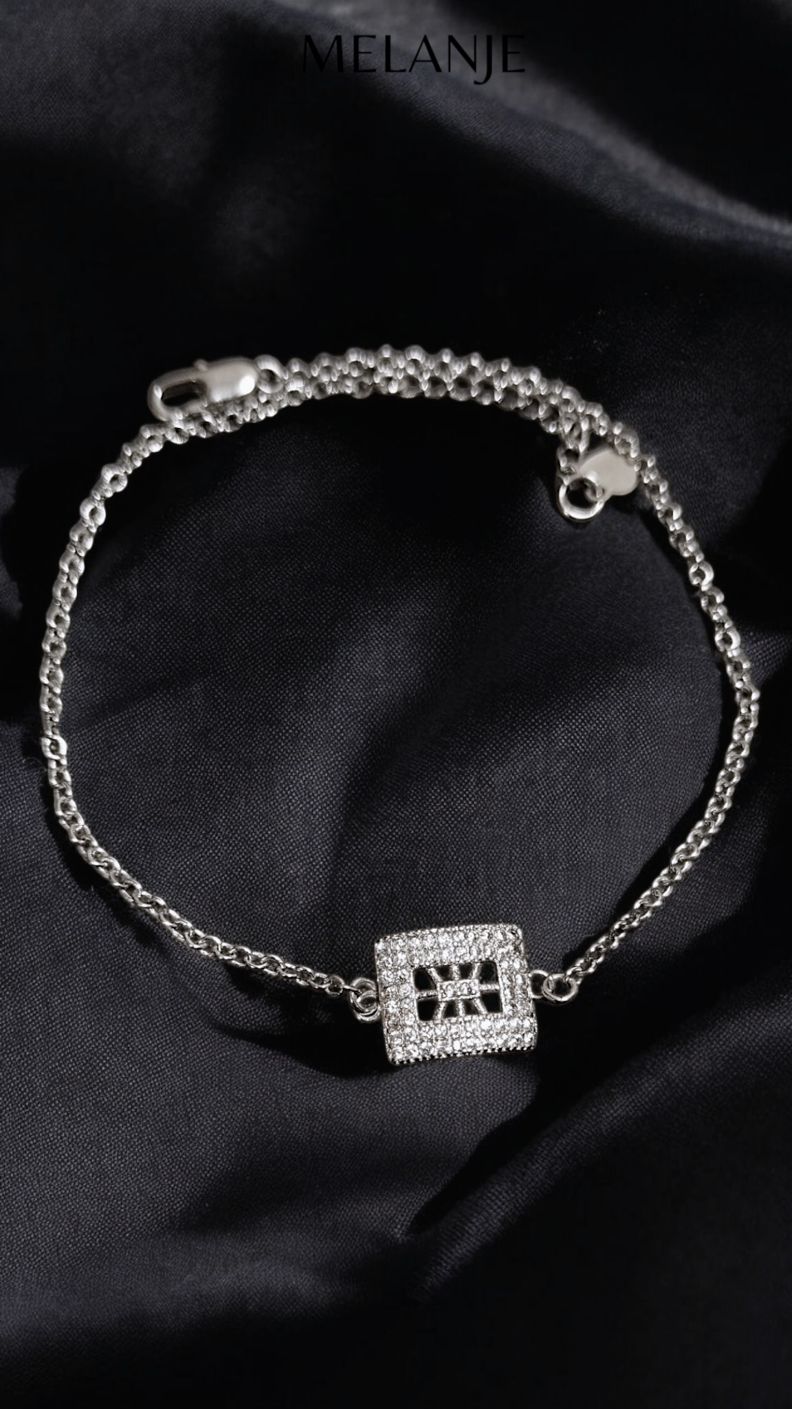 Sterling Silver Rectangular Design Cubic Zirconia Stainless Steel Adjustable Dainty Bracelet