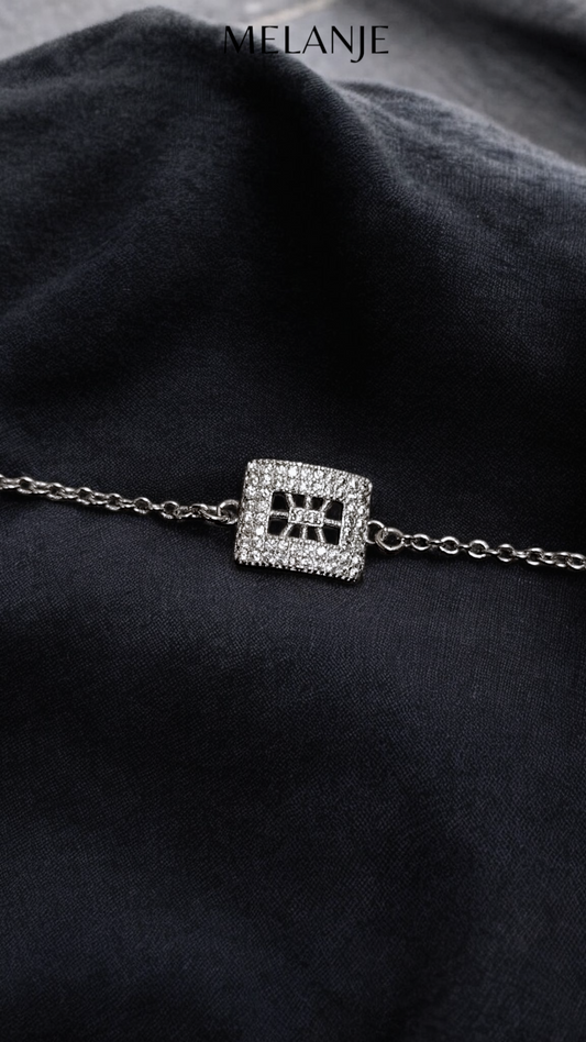 Sterling Silver Rectangular Design Cubic Zirconia Stainless Steel Adjustable Dainty Bracelet