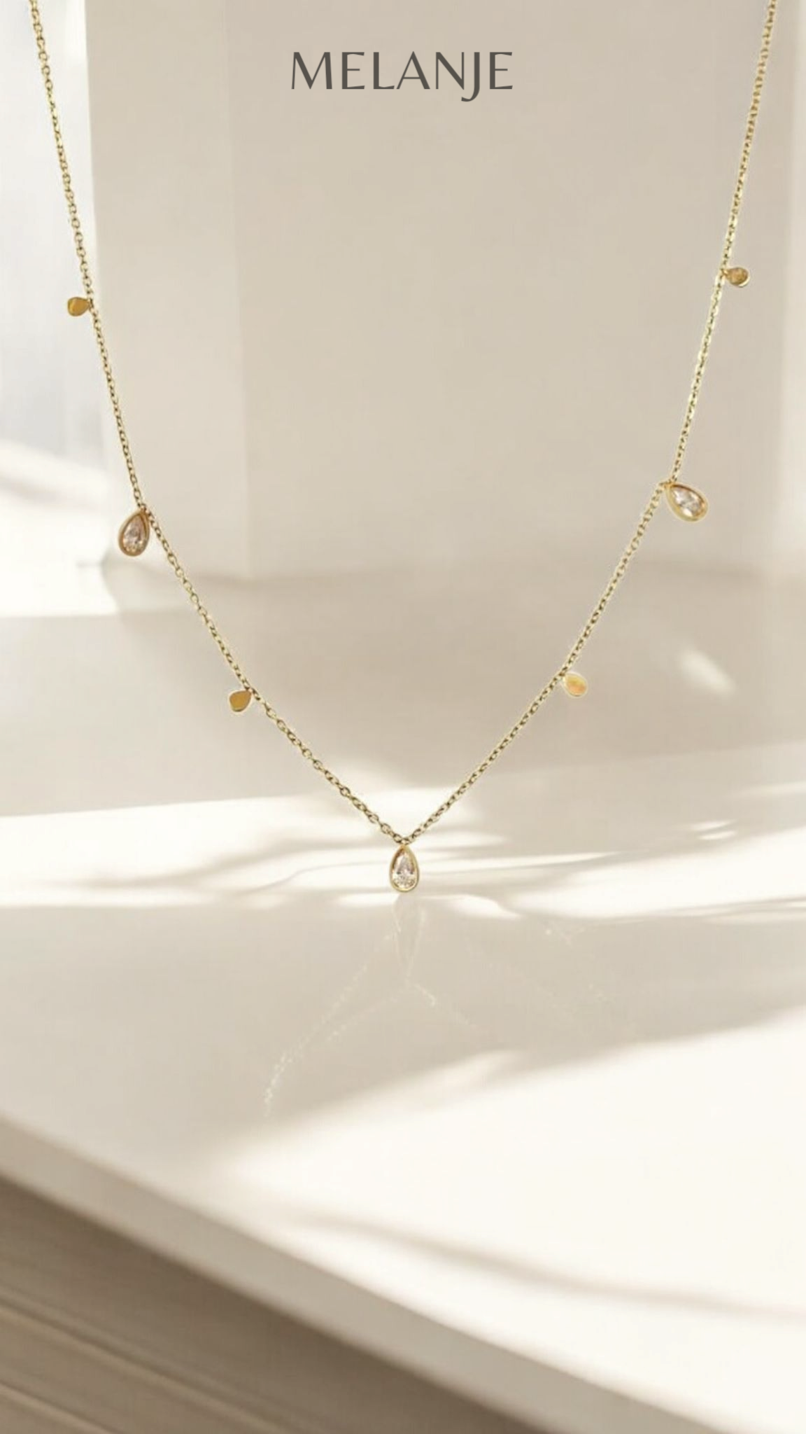 1k Gold Plated Water Drop Cubic Zirconia Stainless Steel Dainty Station Necklace