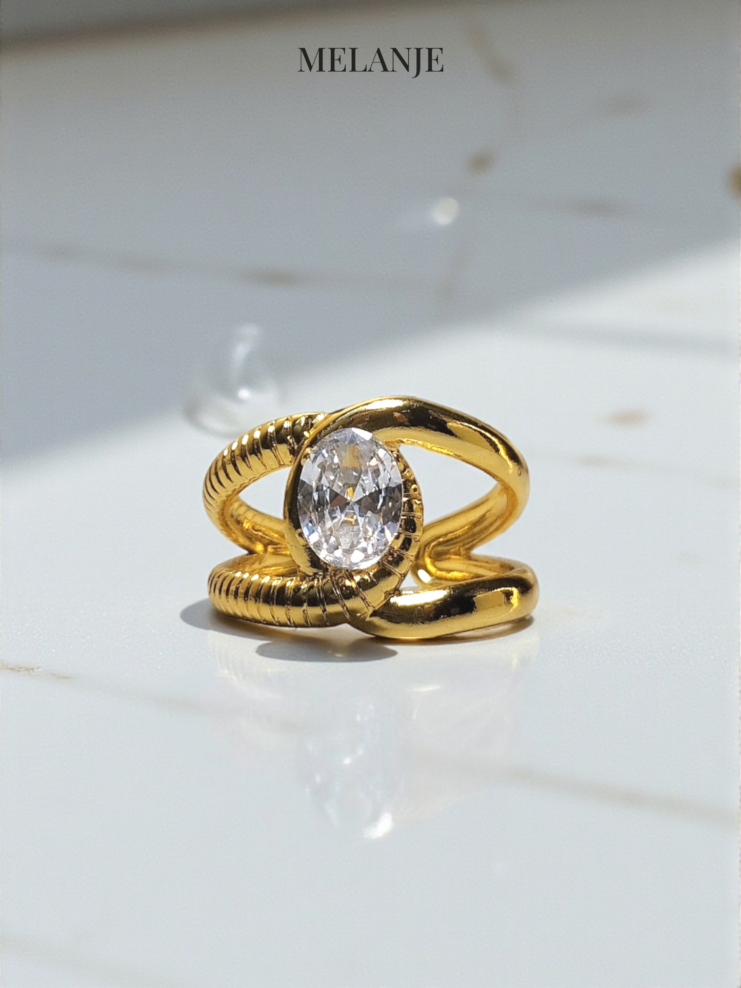 Stainless Steel Chunky Gold Ring with Oval Clear Zircon
