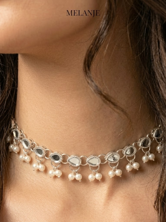 Silver Choker Necklace with Pearls & Glass Work