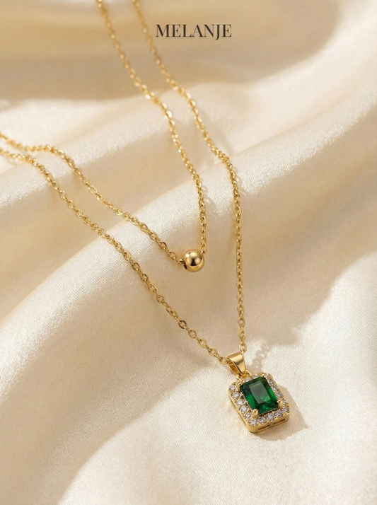 Dual-Layer Stainless Steel Two-Piece Pendant Necklace with Emerald Accent