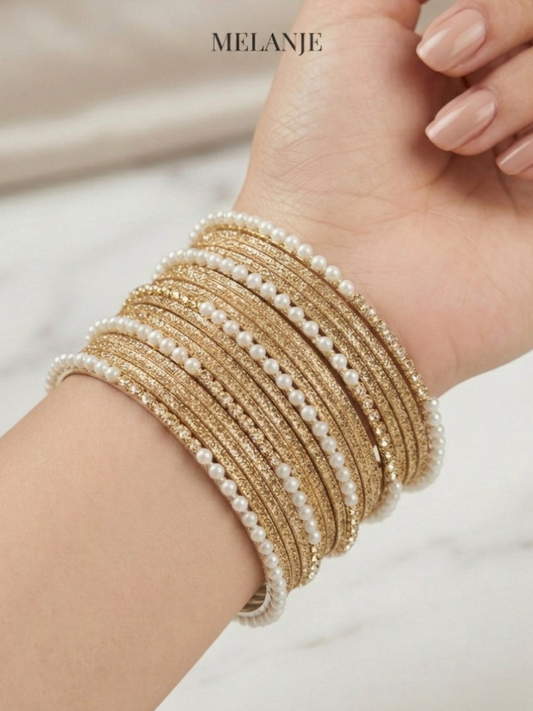 Golden Glitter & Pearl Rhinestone Bangle Set