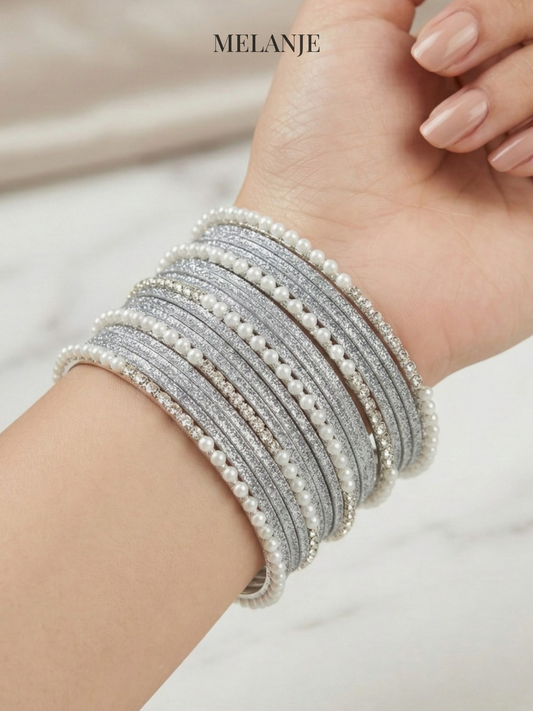 Silver Glitter & Pearl Rhinestone Bangle Set