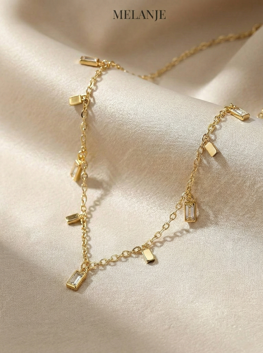 1k Gold Plated Minimal Rectangular Charms Stainless Steel Dainty Station Necklace