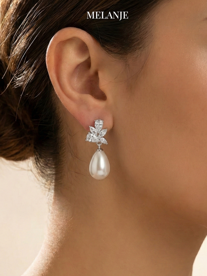 Floral Cubic Zirconia Drop Pearl Silver Earrings