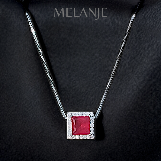 Ruby Red Square Crystal White Cubic Zirconia Sterling Silver Pendant Necklace