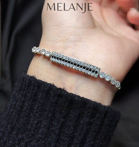 Sterling Silver Stainless Steel Triple Row Design Clear & Black Cubic Zirconia Adjustable Bracelet