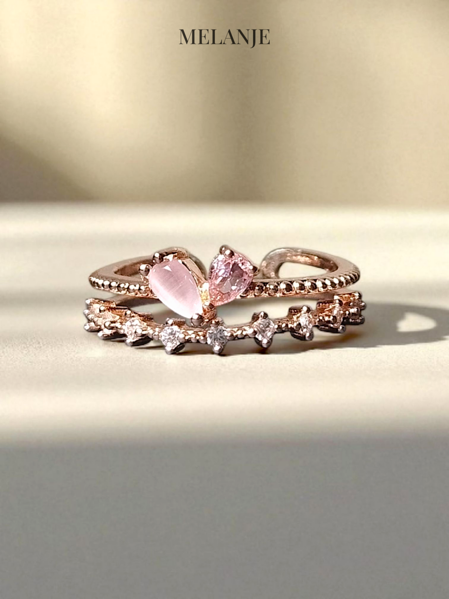 Pink Heart Crystal & Marble Adjustable Layered Cuff Ring