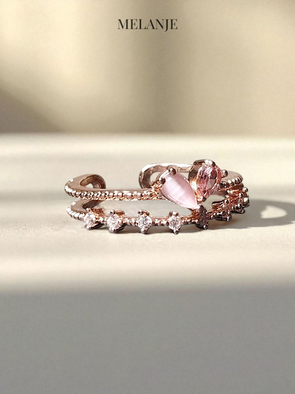 Pink Heart Crystal & Marble Adjustable Layered Cuff Ring