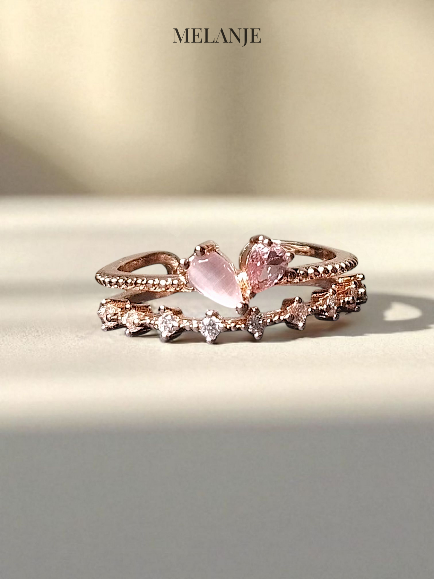 Pink Heart Crystal & Marble Adjustable Layered Cuff Ring