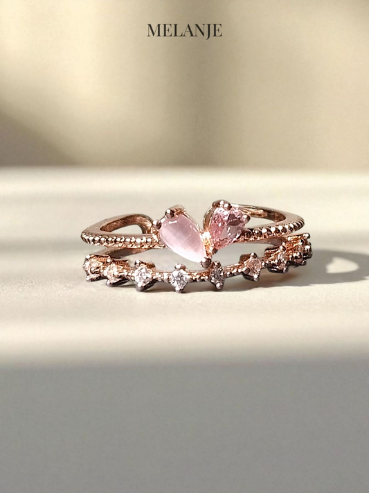 Pink Heart Crystal & Marble Adjustable Layered Cuff Ring