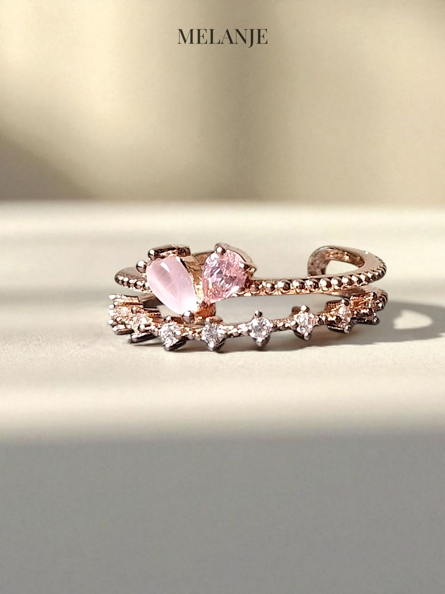 Pink Heart Crystal & Marble Adjustable Layered Cuff Ring