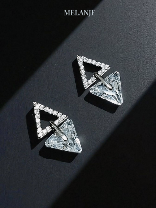 Sterling Silver Cubic Zirconia Double Triangle Design Earrings