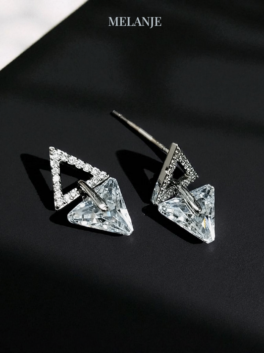 Sterling Silver Cubic Zirconia Double Triangle Design Earrings