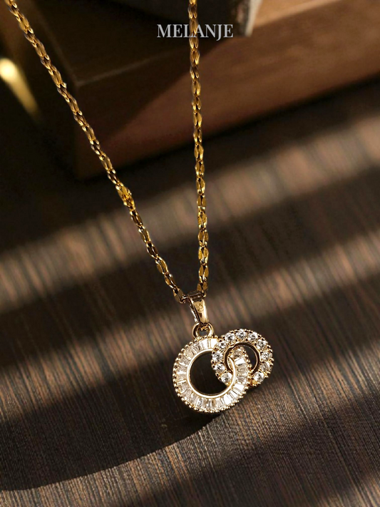 Clear Cubic Zirconia Gold Plated Interlinked Circular Pendant Necklace