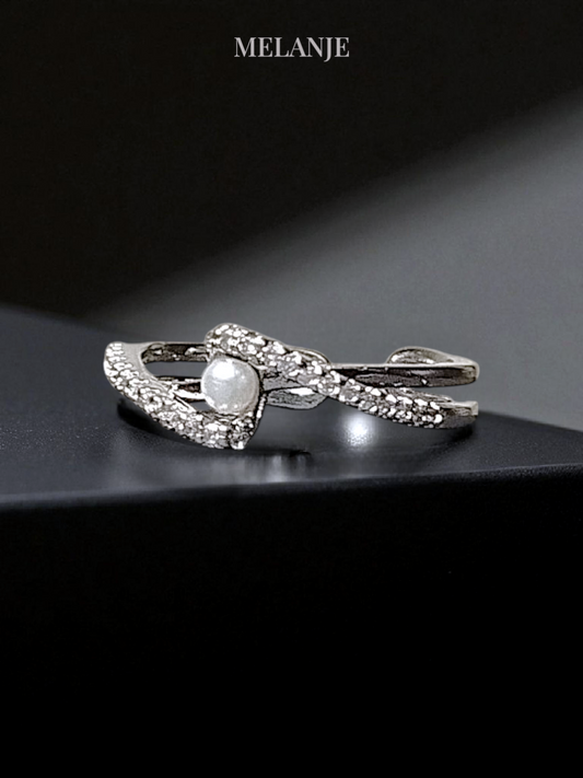 Dual-Layered Cubic Zirconia and Pearl Adjustable Ring
