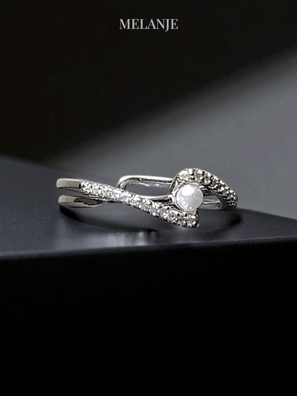 Dual-Layered Cubic Zirconia and Pearl Adjustable Ring