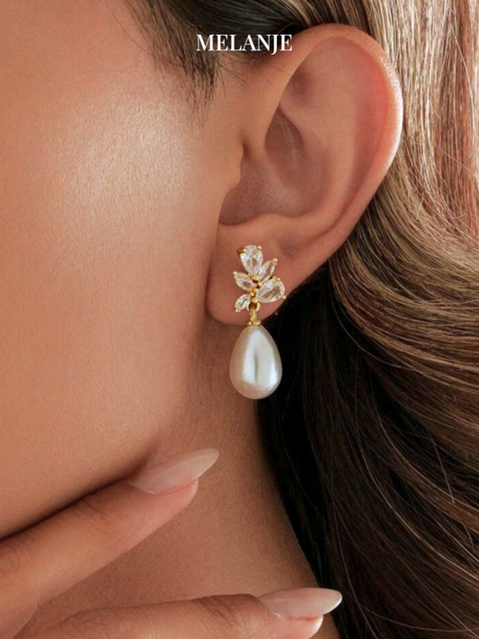 Floral Cubic Zirconia Drop Pearl Gold Earrings