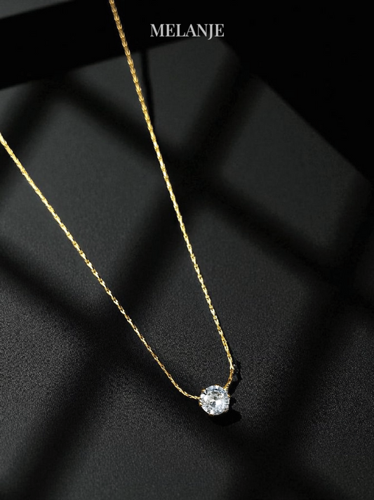 Solitaire Round Clear Zircon Minimal Stainless Steel Gold Pendant Necklace