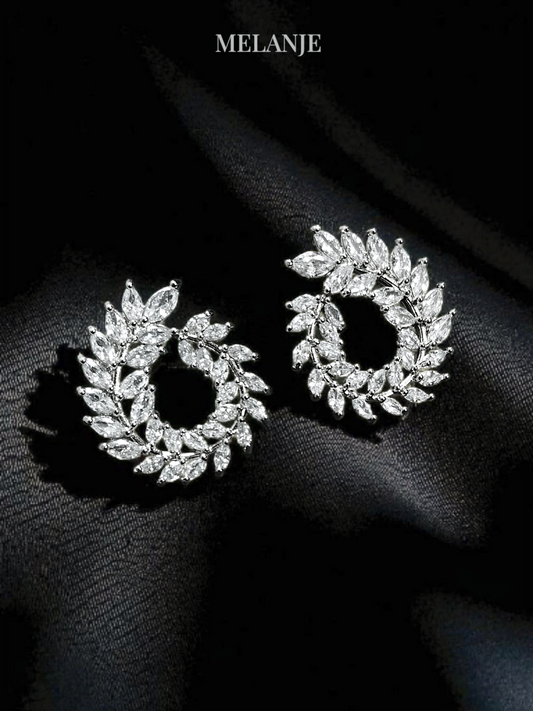 Cubic Zirconia Leaf Design Round Luxury Stud Earrings