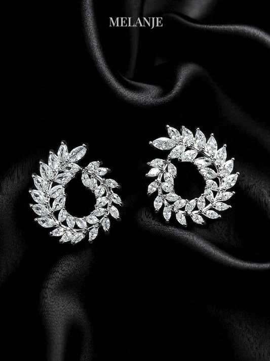 Cubic Zirconia Leaf Design Round Luxury Stud Earrings